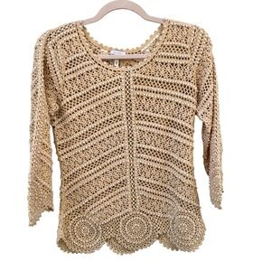 Escada Vintage Rare Beige Cream Crochet Beaded Short‎ Sleeve Wool Blend Shirt 36